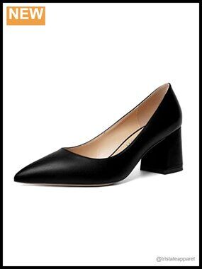 Women's Matte Pointed Toe Slip On Chunky Mid Heel Pumps Office Shoes